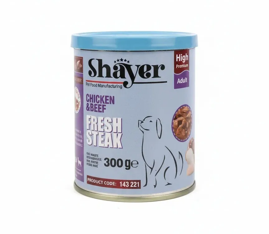 کنسرو غذای سگ بالغ شایر (Shayer) مدل استیک مرغ و گوشت وزن ۳۰۰ گرم